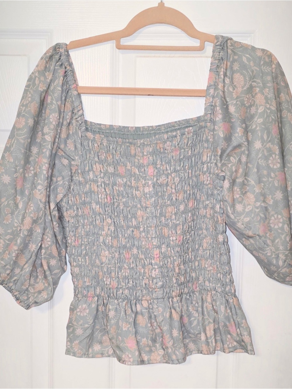 Wishlist Sage Floral Smocked Square-Neck Blouse